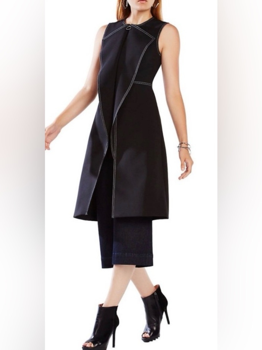 BCBGMAXAZRIA Black Zip-Up Dress/Vest. Draped collar, white stitching 2 pockets S